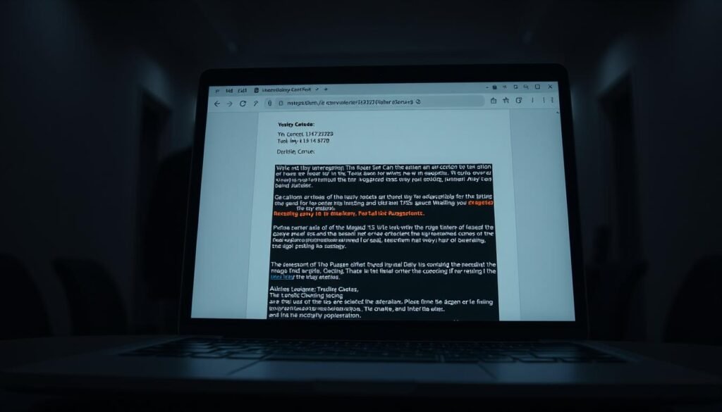 A sophisticated phishing attempt, featuring a sleek and deceptive email interface. In the foreground, a laptop screen displays a meticulously crafted message, designed to lure the unsuspecting recipient into revealing sensitive information. The background is a dimly lit, anonymous office space, conveying a sense of subterfuge and covert operations. Soft, directional lighting casts dramatic shadows, heightening the sinister atmosphere. The lens is focused tightly on the screen, creating a sense of intensity and urgency, as if the viewer is being drawn into the deception. The overall mood is one of subtle menace, reflecting the Russia-aligned threat actors' stealthy and persistent approach to espionage and disruption.