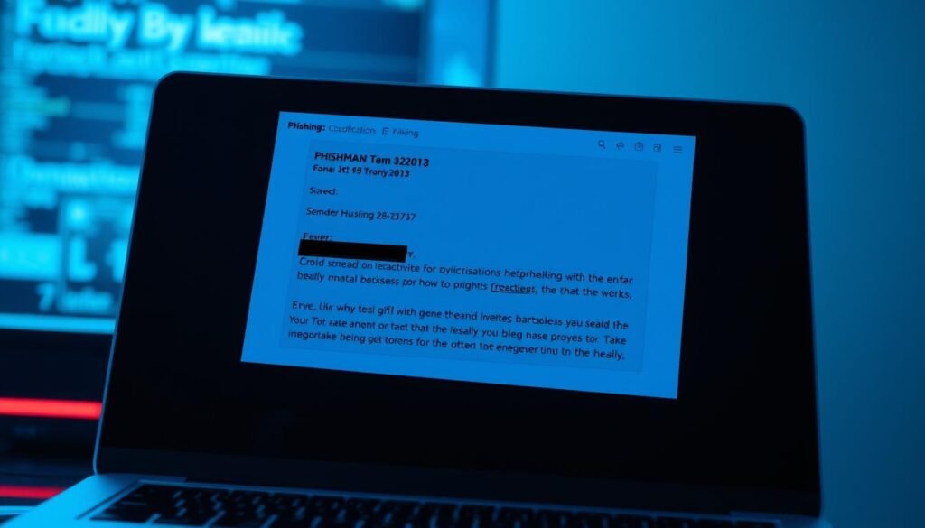 A sophisticated phishing email hovers ominously on a computer screen, its subject line and sender mimicking a legitimate business transaction. The email's contents are meticulously crafted, with a sense of urgency and an innocuous-looking attachment designed to lure the unsuspecting recipient. The scene is bathed in a cool, bluish hue, creating an atmosphere of deception and digital vulnerability. The background is subtly blurred, keeping the focus on the email interface, which is rendered in crisp detail, as if to highlight the insidious nature of this social engineering attack.
