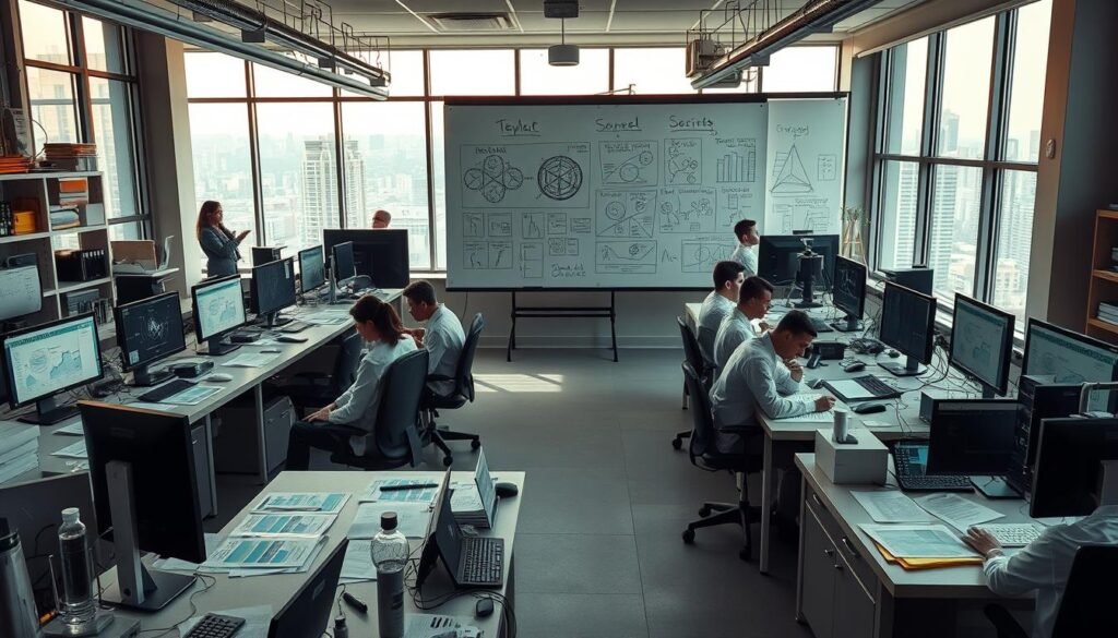 A spacious, well-lit research lab with rows of desks, computers, and scientific equipment. In the foreground, a group of researchers intently studying data visualizations and papers spread out on their workstations. A mixture of serious expressions and focused concentration. The middle ground features a large whiteboard covered in charts, diagrams, and handwritten notes, conveying the methodical process of analysis and investigation. The background reveals floor-to-ceiling windows overlooking a cityscape, suggesting a professional, urban setting conducive to this intellectual work. Warm, natural lighting filters in, creating a thoughtful, contemplative atmosphere. The overall scene evokes a sense of rigorous, data-driven research and investigation.