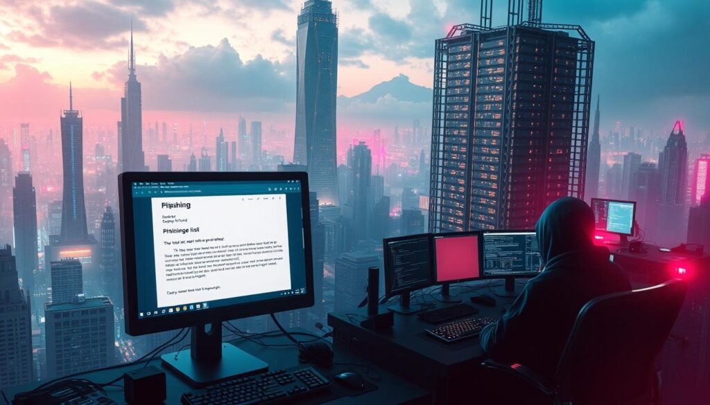 A sprawling cyberpunk cityscape, bathed in an eerie, neon-tinged glow. In the foreground, a computer screen displays a phishing email, its deceptive subject line and malicious link luring the unsuspecting user. The middle ground features a hacker's workstation, a maze of screens and code, as they orchestrate their attack. In the background, a towering data center looms, its servers and networks the ultimate target of this modern cybercrime. The scene conveys a sense of technological sophistication, the relentless nature of phishing campaigns, and the high-stakes battle between adversaries and defenders.