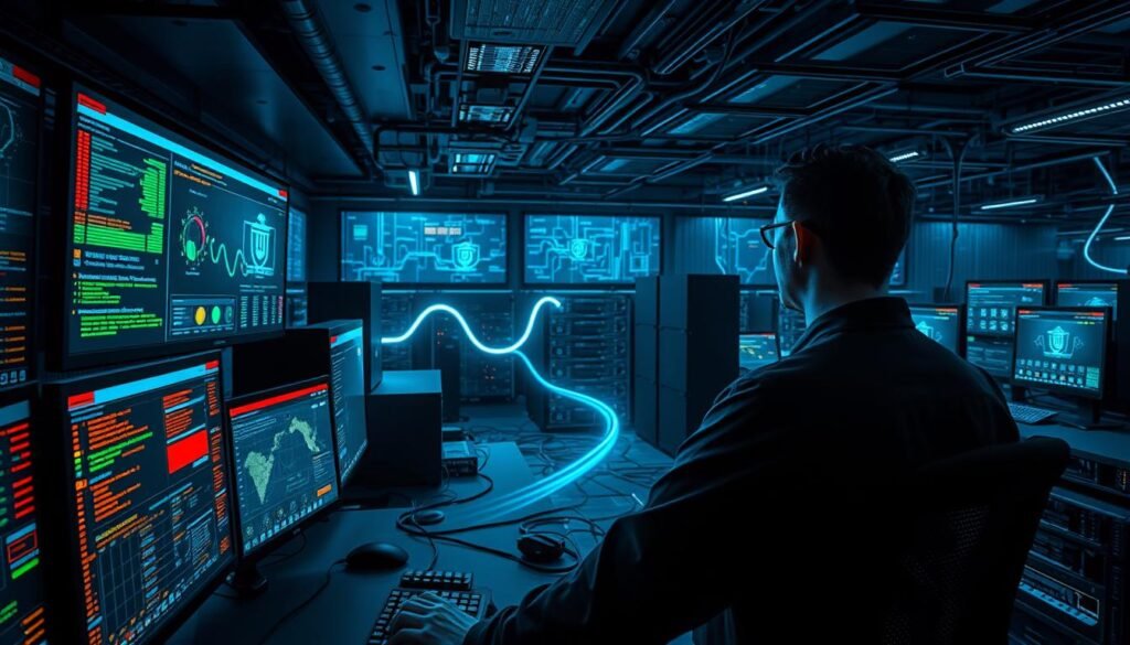 A sprawling cybersecurity command center, illuminated by the soft glow of monitors and the sharp edges of holographic displays. In the foreground, a network administrator scrutinizes a comprehensive firewall dashboard, meticulously monitoring traffic flows and threat alerts. In the middle ground, a VPN tunnel snakes through the digital landscape, representing secure remote access to the system. The background is a complex web of interconnected servers, routers, and switches, all working in harmony to maintain the robust network infrastructure. The scene exudes a sense of vigilance, technical mastery, and the unwavering commitment to safeguarding the digital realm.