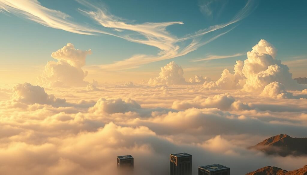 A sprawling, ethereal cloud landscape, illuminated by a warm, golden glow. Wispy, cumulus formations drift lazily across a vast, azure sky, casting dynamic shadows on the rolling, mountainous terrain below. In the foreground, a series of futuristic data centers and server racks emerge from the mist, their sleek, angular designs a stark contrast to the organic shapes of the clouds. The lighting is soft and diffuse, creating a sense of depth and atmosphere. The overall mood is one of tranquility and technological wonder, inviting the viewer to explore the delicate balance between natural and digital realms.