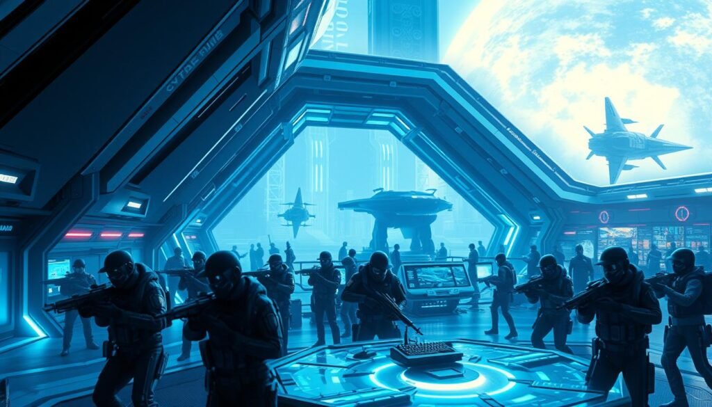 A sprawling futuristic facility with sleek, angular architecture, bathed in a cool, blue-tinted lighting. In the foreground, a group of highly-trained operatives in advanced tactical gear, their faces obscured by visors, engaged in intense simulated combat exercises. In the middle ground, a network of holographic displays and control interfaces, monitoring the progress of the training session. In the background, looming silhouettes of powerful military hardware and experimental technology, hinting at the high-stakes nature of the operations carried out under the auspices of Project Freelancer. An atmosphere of tension, precision, and the weight of a long-running conflict, captured in a vivid, cinematic composition.