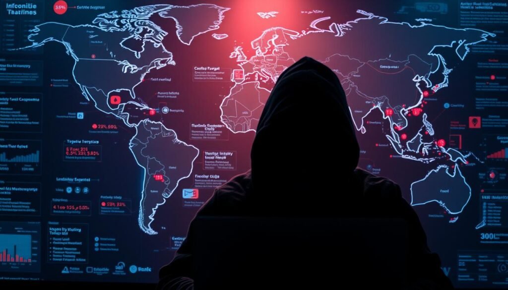 A sprawling global map illuminates the targeted industries, company sizes, and geographies of business email compromise attacks. In the foreground, a shadowy figure peers intently at a laptop, their face obscured by a hoodie. Surrounding them, data visualizations and statistics hover in the air, revealing the diverse range of victims - from small businesses to multinational corporations, spanning multiple continents. The lighting is dramatic, with pools of light and shadow casting an ominous atmosphere. The composition conveys a sense of the widespread and systematic nature of these targeted attacks. A sprawling global map illuminates the targeted industries, company sizes, and geographies of business email compromise attacks. In the foreground, a shadowy figure peers intently at a laptop, their face obscured by a hoodie. Surrounding them, data visualizations and statistics hover in the air, revealing the diverse range of victims - from small businesses to multinational corporations, spanning multiple continents. The lighting is dramatic, with pools of light and shadow casting an ominous atmosphere. The composition conveys a sense of the widespread and systematic nature of these targeted attacks.