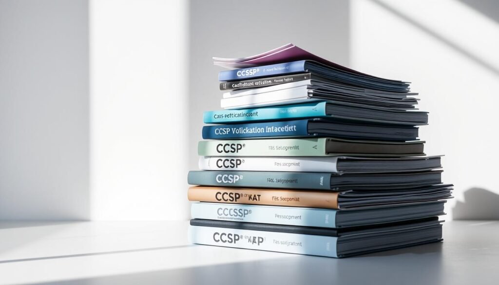 A stack of CCSP certification books, documents, and exam vouchers set against a clean, minimalist background. The materials are illuminated by soft, natural lighting, casting subtle shadows. The overall scene conveys a sense of professionalism, organization, and the importance of maintaining CCSP compliance through ongoing education and recertification. The arrangement of the items suggests a methodical approach to earning the required CPE credits, without the last-minute scramble.