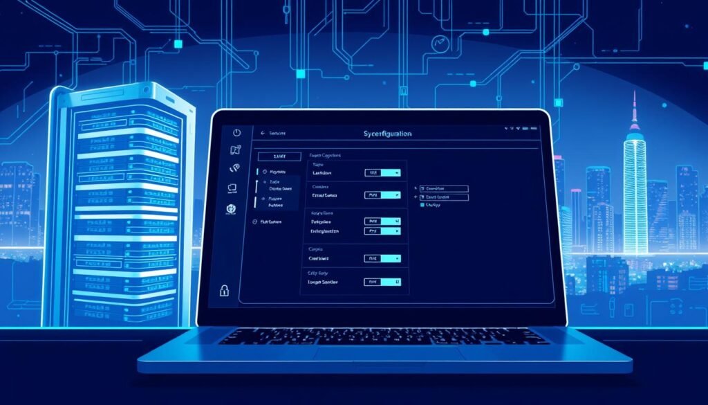 A step-by-step guide to setting up a secure business VPN, captured in a clean, technical illustration. In the foreground, a laptop screen displays VPN configuration menus, with clear icons and intuitive controls. The middle ground features a sleek, futuristic VPN server, its data centers and connections depicted with precision. The background showcases a cityscape, representing the global reach and connectivity of the VPN network. The scene is illuminated by cool, blue-tinted lighting, conveying a sense of professionalism and data security. The overall mood is one of efficiency, simplicity, and technical mastery, perfectly suited to illustrate the step-by-step VPN setup process.