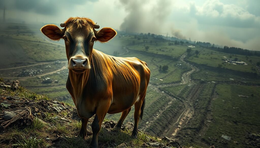 A striking aerial view of a pastoral landscape ravaged by the Dirty COW vulnerability. In the foreground, a battered, muddy cow stands amid the devastation, its tired eyes reflecting the toll of the security breach. The middle ground reveals a once-verdant field now scarred by jagged trenches and debris, hinting at the chaos that unfolded. The background is shrouded in a hazy, ominous atmosphere, with clouds of dust and ominous shadows casting a foreboding tone. The scene is illuminated by a dramatic, low-angle lighting, capturing the drama and gravity of the situation. The overall composition conveys the widespread impact and lasting consequences of this critical Linux flaw.