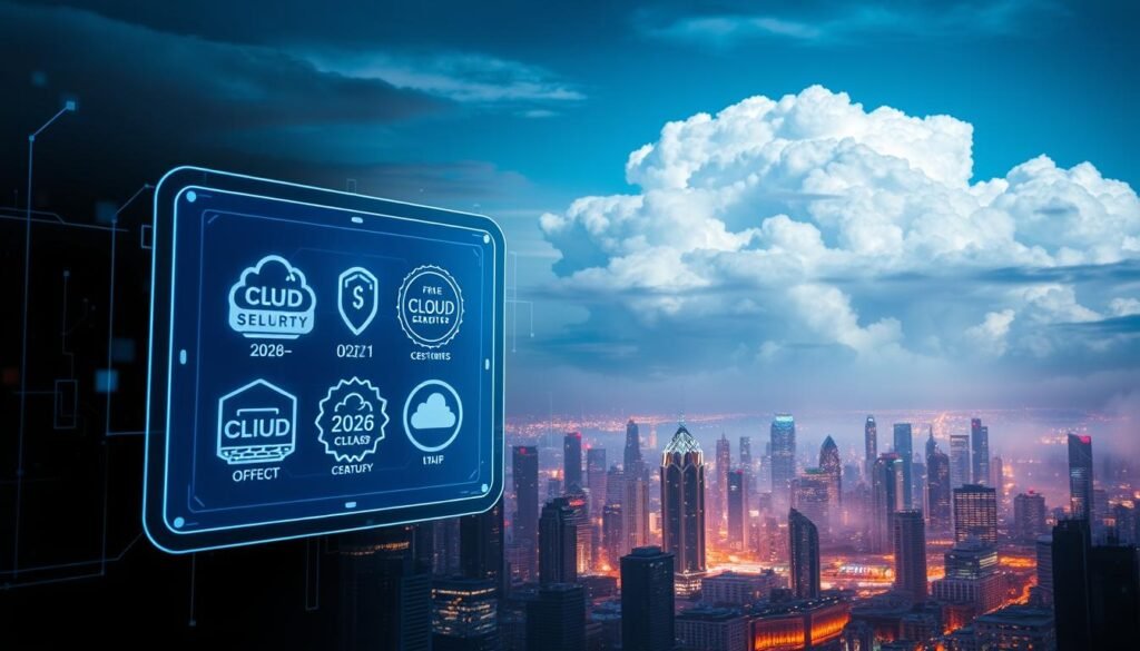 A striking and futuristic scene depicting the importance of cloud security certifications in 2026. In the foreground, a holographic display showcases various cloud security certification logos, their sleek designs reflecting the advanced technology. The middle ground features a cityscape of gleaming skyscrapers, symbolizing the thriving cloud computing industry. In the background, a vast, ethereal cloud formation dominates the sky, hinting at the growing significance of cloud-based systems and the critical need for skilled cloud security professionals. The overall composition conveys a sense of technological progress, market demand, and the career opportunities stemming from cloud security expertise.