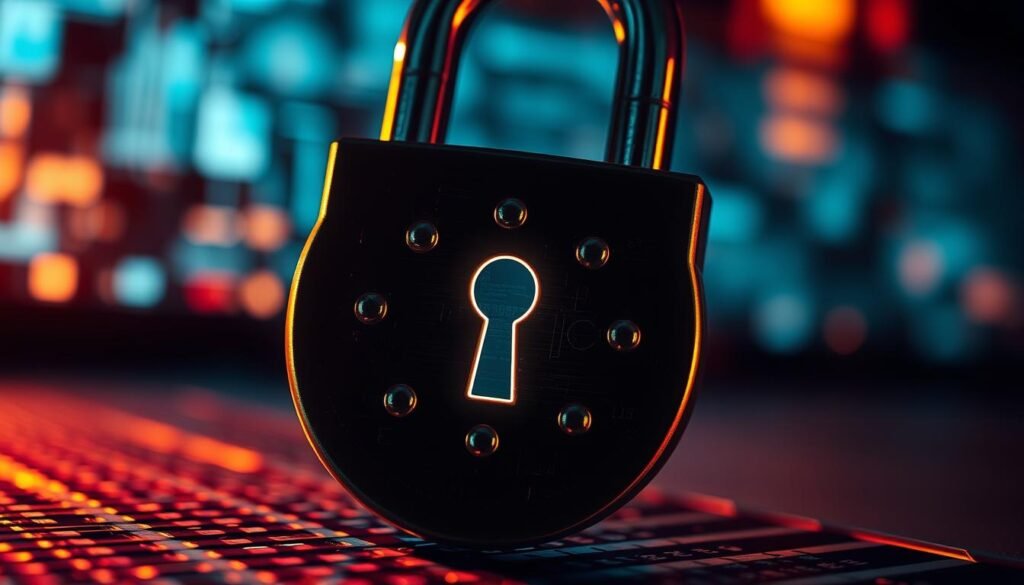 A striking close-up view of a cybersecurity lock icon, its intricate mechanism illuminated by a warm, soft light. The lock's surface appears metallic, casting dynamic shadows that convey a sense of solidity and strength. In the background, a blurred, abstract grid pattern suggests the complex infrastructure of API systems, hinting at the importance of robust security measures. The overall mood is one of technological sophistication and the critical need to protect sensitive data and resources from potential threats.