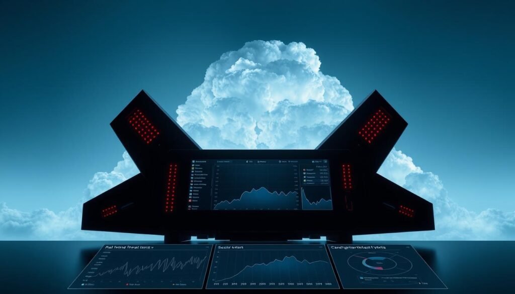 A striking cloud formation silhouettes a sleek, angular security device, its LED indicators pulsing with data. In the foreground, a clean-lined dashboard displays real-time threat analysis, while the background fades into a subtle gradient evoking the vastness of the cloud infrastructure it monitors. The composition is crisp and technical, with precise lighting highlighting the tool's streamlined design and cutting-edge capabilities, creating a sense of power and vigilance over the digital realm.