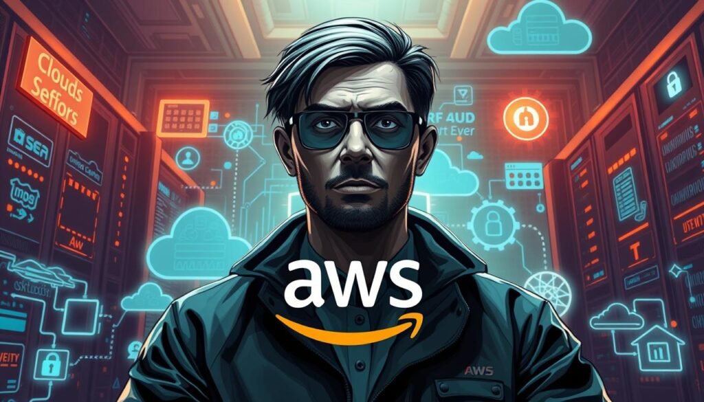 A striking, hyper-realistic digital illustration of an AWS certified security expert. Showcasing the AWS logo and security-related icons and symbols in the foreground, with a backdrop of cloud infrastructure, servers, and cybersecurity elements. Dramatic lighting casts strong shadows, emphasizing the depth and technical complexity. The image conveys a sense of expertise, authority, and the high-stakes nature of cloud security. The composition is balanced, with the subject positioned centrally and the supporting elements arranged harmoniously. The overall aesthetic is sleek, professional, and evocative of the AWS brand.
