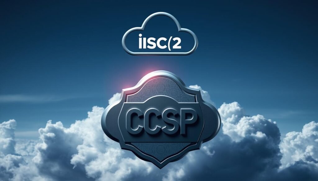 A striking image of the CCSP (Certified Cloud Security Professional) certification, showcasing a sleek and modern cloud-based design. In the foreground, a bold (ISC)² logo hovers above a metallic, three-dimensional CCSP badge, its edges sharply defined and reflecting the light. The middle ground features a dynamic, swirling cloud formation, with intricate patterns and textures that suggest the complexity of cloud-based security. In the background, a subtle, gradient-filled sky provides a sense of depth and atmosphere, adding to the overall professional and high-tech aesthetic. The lighting is crisp and directional, casting subtle shadows and highlights that accentuate the three-dimensional elements. The overall composition conveys a sense of authority, expertise, and the cutting-edge nature of cloud security certification.