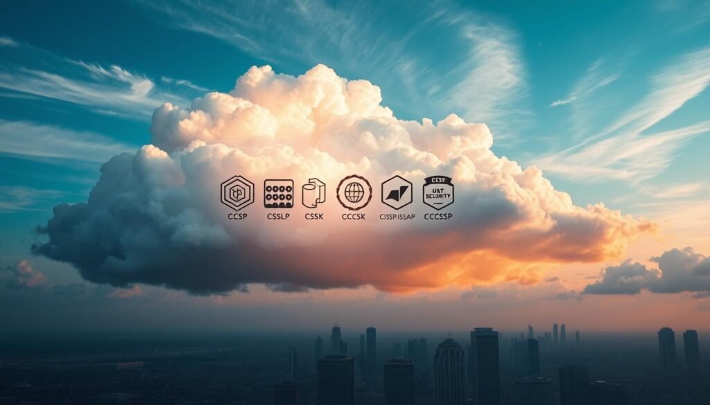 A striking image of the top cloud security certifications in 2026. In the foreground, a majestic, cumulus cloud formation hovers, its wispy edges glowing softly in the warm, diffused light. Embedded within the cloud are five distinct certification icons, each representing a leading cloud security credential - CCSP, CSSLP, CCSK, CISSP-ISSAP, and CCCSP. The middle ground features a serene, azure sky with wispy cirrus clouds, conveying a sense of tranquility and professionalism. In the background, a distant cityscape with sleek, modern skyscrapers represents the technology-driven landscape where these certifications hold immense value. The overall tone is one of authority, expertise, and the seamless integration of cloud security into the fabric of the digital world.