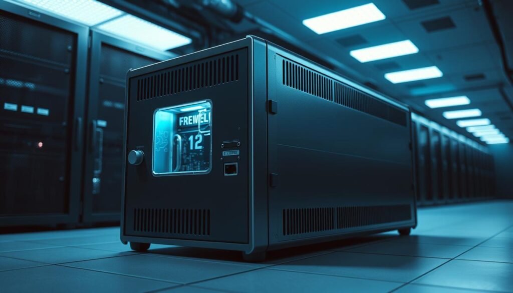 A sturdy, sleek firewall appliance standing resolute against a backdrop of a dimly lit server room. The device's metallic casing gleams under the cool, directional lighting, conveying a sense of technical prowess and security. Intricate circuit boards and network ports are visible through strategically placed vents, hinting at the advanced software and hardware components within. The firewall is positioned prominently in the foreground, casting a subtle shadow that extends across the tiled floor, emphasizing its role as the gatekeeper between the trusted internal network and the potentially dangerous external world. The scene exudes an air of professionalism and unwavering protection, perfectly suited to illustrate the "Firewall Stack on macOS: From Built-In to Advanced" section of the security handbook.