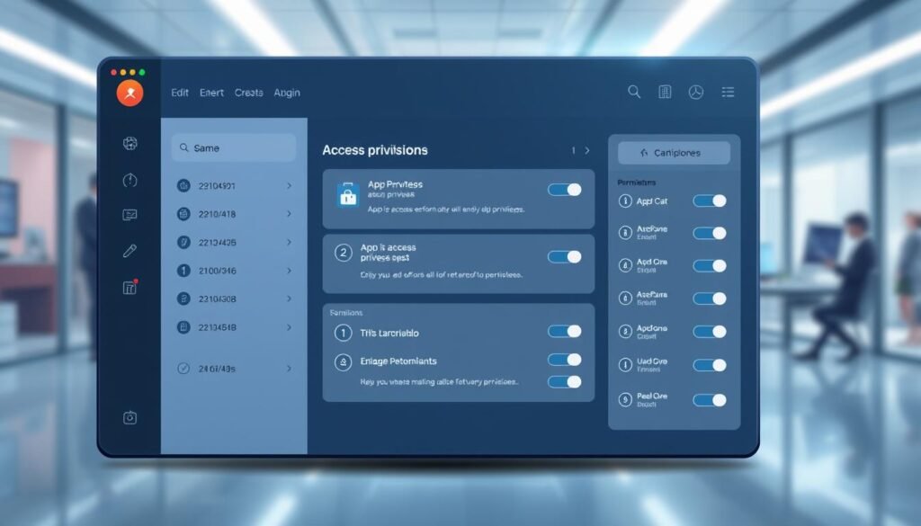 A stylized, high-resolution digital illustration of a permission manager dashboard interface. The foreground features a clean, minimalist layout with toggles, sliders, and categorized lists to manage app permissions. The middle ground displays detailed information about a selected app's access privileges, with toggles to enable/disable specific permissions. The background showcases a blurred, abstract cityscape or office environment, conveying a sense of the larger digital ecosystem. The color palette is muted and professional, with strategic use of blues, grays, and whites. Lighting is soft and diffused, creating a calm, focused atmosphere. The overall composition is balanced, intuitive, and designed to empower the user's control over their digital privacy.