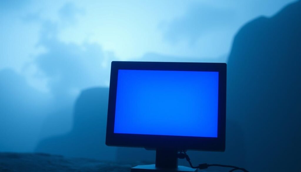 A surreal, photorealistic depiction of a classic Windows blue screen error. In the foreground, a glowing, neon-blue screen fills the frame, its harsh light casting distorted shadows. The background is a hazy, out-of-focus landscape, suggesting a breakdown in the digital world. The scene is bathed in a cool, eerie glow, creating a sense of unease and technological failure. The camera angle is slightly tilted, emphasizing the disorienting nature of the error. The image conveys the confusion and frustration of encountering a blue screen, a common but unsettling experience for Windows users.