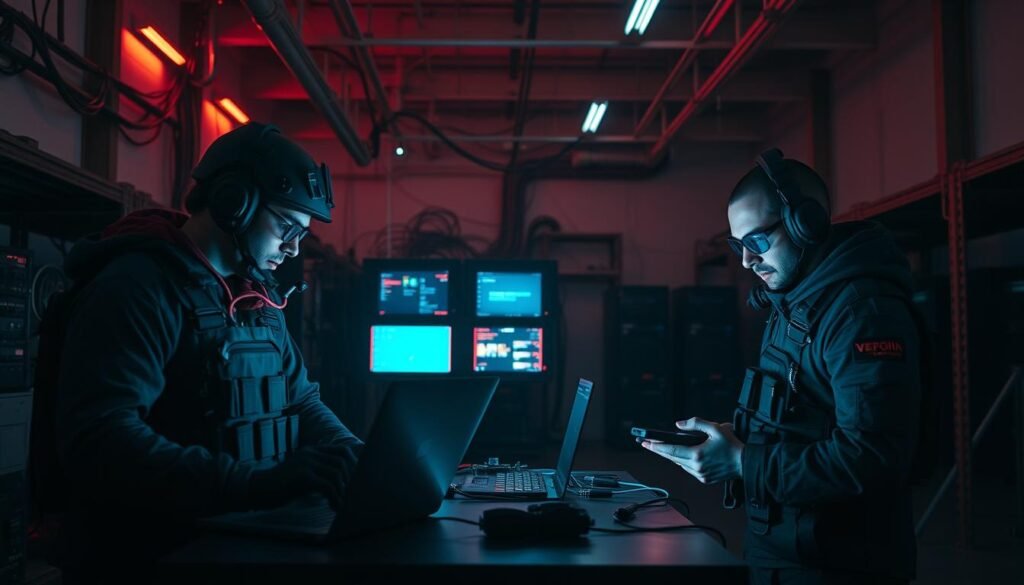 A team of cybersecurity experts engaged in a realistic red team exercise, staged in a dimly lit warehouse. The foreground features two team members in tactical gear, one wielding a laptop, the other a handheld device, intensely focused on a target system. The middle ground showcases a network of cables, servers, and monitoring screens, while the background is shrouded in shadows, hinting at the presence of additional team members. Dramatic lighting casts sharp contrasts, emphasizing the tension and urgency of the situation. The scene conveys the real-world application of red teaming, where skilled professionals put defensive measures to the test in a high-stakes, immersive simulation.