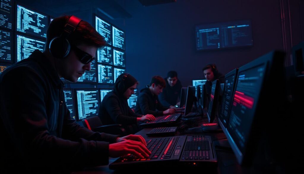 A team of cybersecurity professionals in black tactical gear, gathered around a bank of monitors and laptops in a dimly lit command center. The room is bathed in the warm glow of dozens of LED screens, casting an intense, focused atmosphere. In the foreground, a lone figure leans intently over a keyboard, fingers flying as they execute a complex series of commands. In the middle ground, several team members peer intently at their screens, brows furrowed in concentration. The background is shrouded in shadows, hinting at the high-stakes nature of the "red team" exercise unfolding before us.