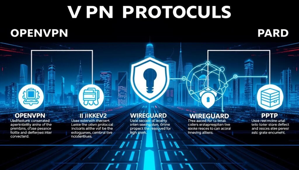 A technical diagram depicting the key VPN protocols - OpenVPN, IKEv2, WireGuard, and PPTP. The foreground shows the protocol names and brief descriptions, with icons or symbols representing their unique features. The middle ground features abstract network diagrams, with encrypted data flows and connections. The background has a sleek, futuristic cityscape, with skyscrapers and neon lighting, conveying a sense of security and privacy in the digital age. The overall image has a high-tech, minimalist aesthetic, using a cool color palette and sharp, angular compositions to create a professional, informative visualization of VPN protocols. A technical diagram depicting the key VPN protocols - OpenVPN, IKEv2, WireGuard, and PPTP. The foreground shows the protocol names and brief descriptions, with icons or symbols representing their unique features. The middle ground features abstract network diagrams, with encrypted data flows and connections. The background has a sleek, futuristic cityscape, with skyscrapers and neon lighting, conveying a sense of security and privacy in the digital age. The overall image has a high-tech, minimalist aesthetic, using a cool color palette and sharp, angular compositions to create a professional, informative visualization of VPN protocols.