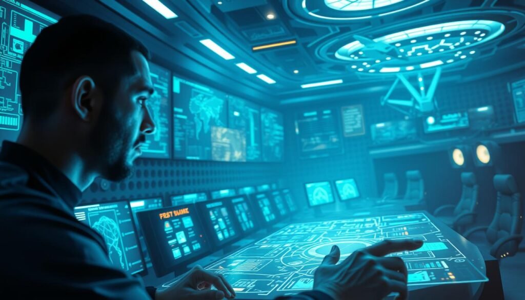 A technologically advanced command center, bathed in a blue-hued glow. Rows of sleek, futuristic computer screens flicker with real-time data, as intricate algorithms analyze and coordinate a complex web of defense systems. In the foreground, a lone operator, brow furrowed in concentration, their fingers dancing across a holographic interface. The walls are lined with ominous-looking machinery, their purpose both captivating and unsettling. A sense of power and precision pervades the scene, hinting at the might of Saudi Arabia's advanced attack capabilities. A technologically advanced command center, bathed in a blue-hued glow. Rows of sleek, futuristic computer screens flicker with real-time data, as intricate algorithms analyze and coordinate a complex web of defense systems. In the foreground, a lone operator, brow furrowed in concentration, their fingers dancing across a holographic interface. The walls are lined with ominous-looking machinery, their purpose both captivating and unsettling. A sense of power and precision pervades the scene, hinting at the might of Saudi Arabia's advanced attack capabilities.