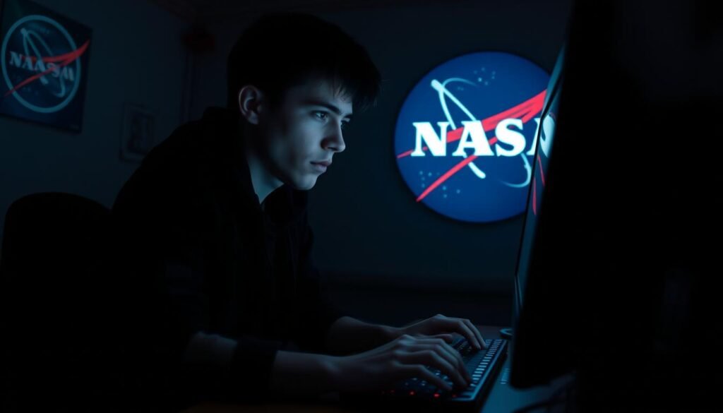 A teenage hacker, Jonathan James (C0mrade), sits at a dimly lit computer terminal, fingers rapidly typing commands. The screen casts an eerie glow on his concentrated face, illuminating the determination in his eyes. Behind him, NASA's iconic logo is partially visible, a testament to the gravity of his actions. The atmosphere is tense, with shadows creeping across the room, heightening the sense of intrigue and the weight of consequences. The scene is captured through a wide-angle lens, emphasizing the magnitude of the event and the youth of the protagonist. Muted tones and a moody lighting create a palpable sense of suspense, inviting the viewer to ponder the complex motivations and ramifications of this infamous computer break-in. A teenage hacker, Jonathan James (C0mrade), sits at a dimly lit computer terminal, fingers rapidly typing commands. The screen casts an eerie glow on his concentrated face, illuminating the determination in his eyes. Behind him, NASA's iconic logo is partially visible, a testament to the gravity of his actions. The atmosphere is tense, with shadows creeping across the room, heightening the sense of intrigue and the weight of consequences. The scene is captured through a wide-angle lens, emphasizing the magnitude of the event and the youth of the protagonist. Muted tones and a moody lighting create a palpable sense of suspense, inviting the viewer to ponder the complex motivations and ramifications of this infamous computer break-in.