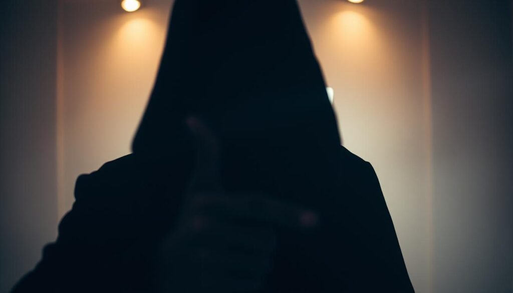 A tense, cinematic scene of social engineering in action. In the foreground, a shadowy figure impersonating a position of authority, their face obscured by dramatic lighting and angles, exuding an aura of urgency and command. In the middle ground, a confused, unsuspecting victim, their curiosity piqued by the authoritative presence, unaware of the deception unfolding. The background is blurred, hazy, creating an atmosphere of unease and unnatural tension. The lighting is dramatic, casting stark shadows and highlights, heightening the sense of mystery and psychological manipulation. The camera angle is slightly low, giving the figure of authority a dominating presence, towering over the victim. Overall, the image conveys the human psychology at the heart of social engineering - the potent combination of urgency, authority, and curiosity that can be exploited to deceive and compromise.