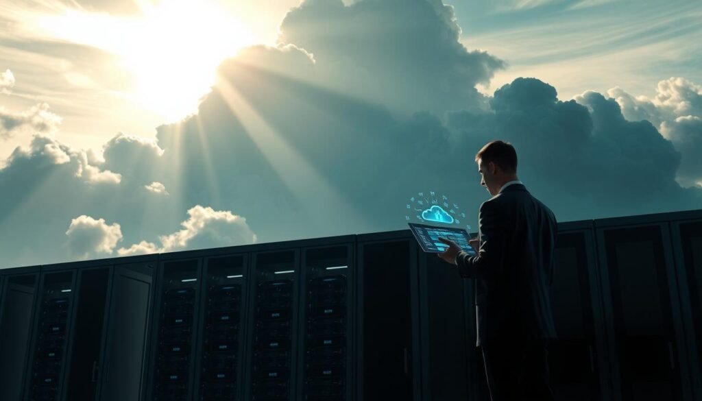 A towering cloud formation hovers above a sleek data center, its silhouette casting a dramatic shadow. Sunlight filters through wispy cirrus, illuminating the complex network of servers and cables. In the foreground, a lone figure in a crisp suit examines a holographic display, managing the seamless integration of on-premises and cloud-based security protocols. The scene conveys the essence of a cloud security specialist's role - navigating the intersection of cutting-edge technology and comprehensive risk mitigation, all while maintaining a cool, professional demeanor. A towering cloud formation hovers above a sleek data center, its silhouette casting a dramatic shadow. Sunlight filters through wispy cirrus, illuminating the complex network of servers and cables. In the foreground, a lone figure in a crisp suit examines a holographic display, managing the seamless integration of on-premises and cloud-based security protocols. The scene conveys the essence of a cloud security specialist's role - navigating the intersection of cutting-edge technology and comprehensive risk mitigation, all while maintaining a cool, professional demeanor.