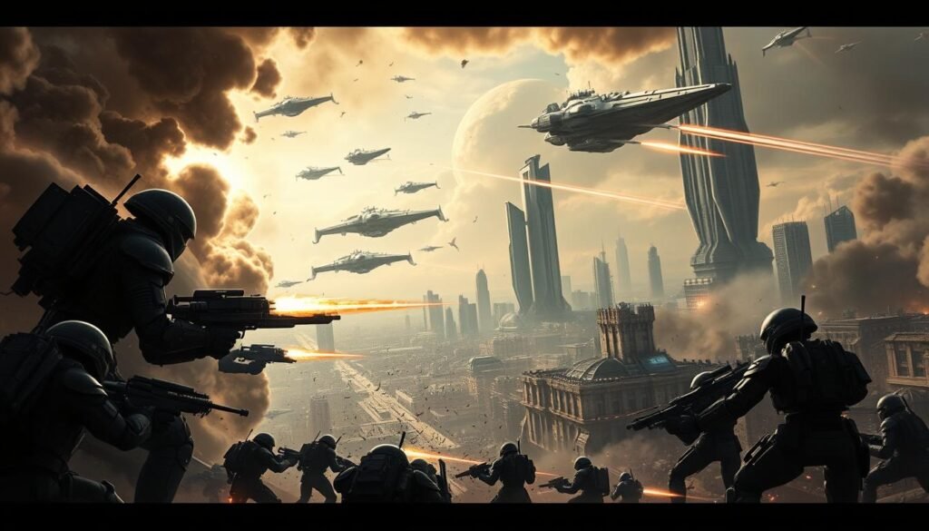 A vast, cinematic battlescape unfolds across a war-torn alien world. In the foreground, armored soldiers clash amidst glowing plasma weaponry and towering mech suits, their loyalties torn between two warring factions. Billowing smoke and debris fill the sky, casting dramatic chiaroscuro lighting across the scene. In the middle ground, massive starships engage in a furious dogfight, their sleek silhouettes streaking through the atmosphere. The background reveals a sprawling cityscape, its crystalline skyscrapers scarred by the conflict, their reflections distorted in the rubble-strewn streets below. A sense of epic, large-scale chaos and planetary-level consequences permeates the entire composition.