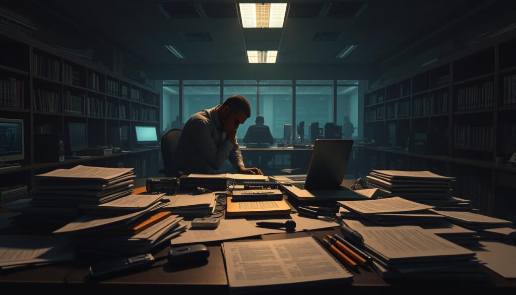 A vast corporate office, dimly lit by a moody chiaroscuro. In the foreground, a cluttered desk piled high with documents, laptops, and an open notebook. Scattered across the surface, an array of data collection tools - a smartphone, a digital recorder, a pair of discreet wireless earbuds. In the middle ground, the silhouette of a figure hunched over the desk, their face obscured. Surrounding them, the hazy outlines of computer monitors, bookshelves, and filing cabinets, casting long shadows across the room. The atmosphere is tense, charged with the weight of sensitive information being meticulously gathered. This is the scene of a meticulous OSINT operation, where data is the weapon of choice.