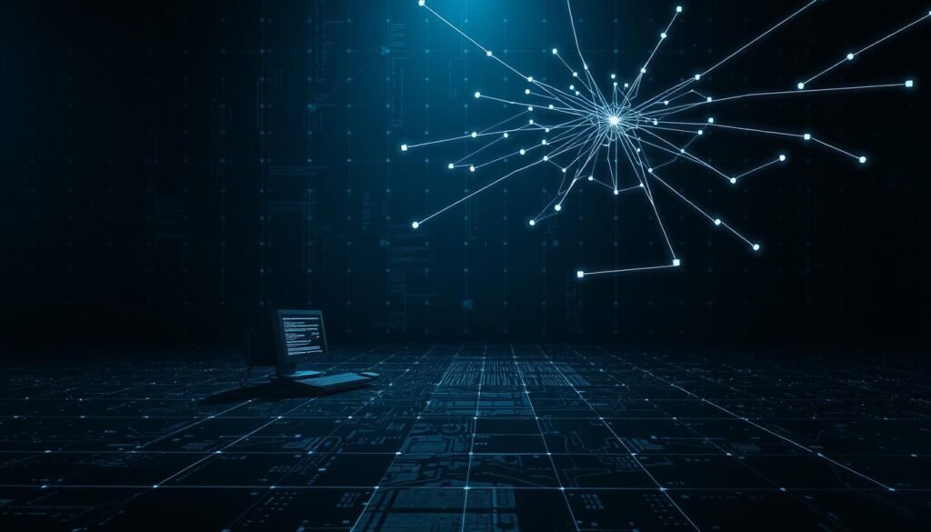 A vast, dark landscape, ominous shadows cast by a digital grid system. In the foreground, a lone computer terminal sits, its screen flickering with lines of code and glitches, representing the vulnerabilities that linger in the digital realm. Overlaid across the scene, a web of interconnected nodes and pathways, visualizing the complex web of dependencies and potential attack vectors. The lighting is harsh, creating a sense of unease and tension, as if the very fabric of the system is under threat. The composition is angular and geometric, mirroring the precise, technical nature of the subject matter. The overall atmosphere is one of apprehension and the need for proactive security measures.