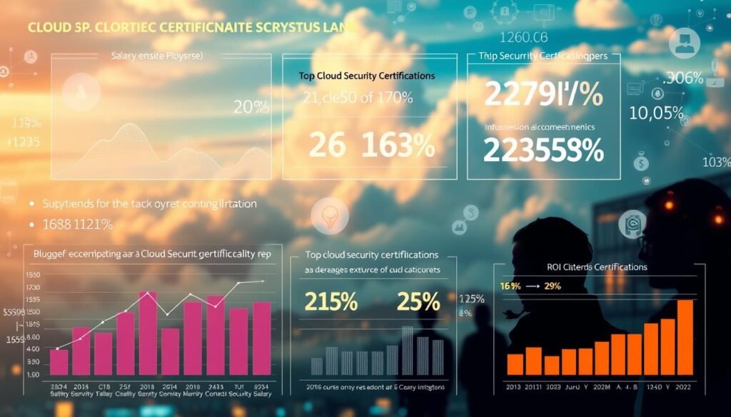 A vast, data-driven cloud computing landscape dominates the frame, with salary statistics and ROI metrics projected across the sky like a holographic display. In the foreground, sleek charts and graphs illustrate the comparative value of top cloud security certifications, their prestige and earning potential rendered in a crisp, infographic style under warm, directional lighting. The mid-ground features silhouetted figures studying the data, their expressions contemplative as they ponder the implications. The background blurs into an abstract realm of floating data points, cascading numbers, and interconnected nodes, creating a sense of depth and the vastness of the cloud ecosystem.