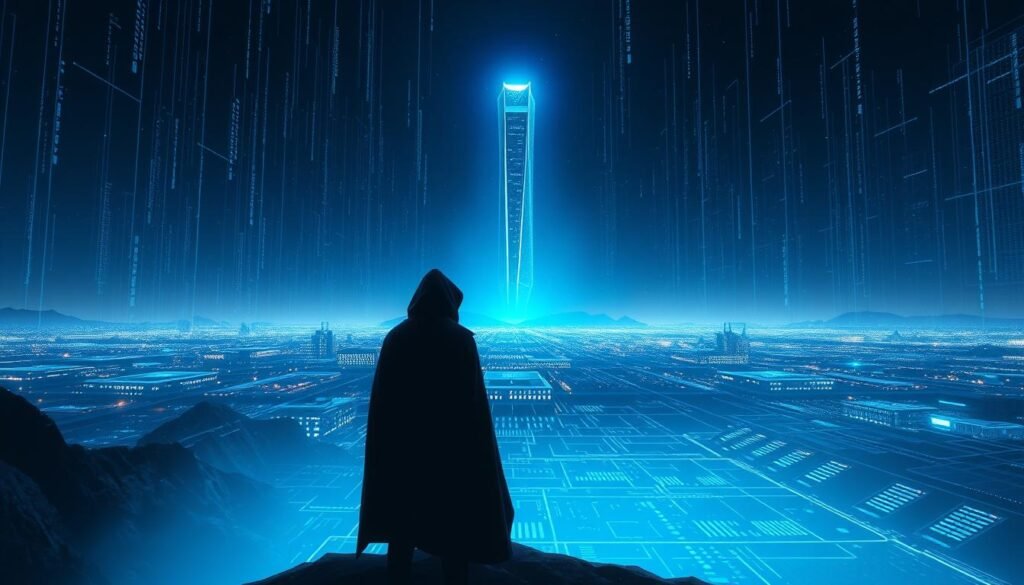 A vast digital landscape, illuminated by a piercing blue glow, symbolizing the escalating importance of vulnerability management in the age of generative AI. In the foreground, a lone figure stands, their silhouette shrouded in a cloak of mystery, representing the vulnerability and uncertainty inherent in this new frontier. Towering in the background, a towering monolith of data and code, its sleek, angular form a testament to the power and complexity of the systems we must now protect. Intricate patterns of light and shadow play across the scene, evoking a sense of both unease and awe, as the future of cybersecurity hangs in the balance.