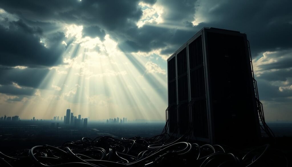 A vast expanse of data, represented by a towering data center silhouetted against a dramatic sky. The foreground is dominated by a tangle of cables and circuits, symbolic of the complex infrastructure powering the startup's AI models. Shafts of light pierce through the clouds, illuminating the data center's sleek, minimalist architecture, hinting at the advanced technology within. In the background, a city skyline recedes, emphasizing the startup's isolation and the unique attack surface it presents to determined hackers. The overall mood is one of technological prowess and vulnerability, capturing the essence of the "Unique Attack Surface of AI Startups: Models, Data, and MLOps Pipelines".