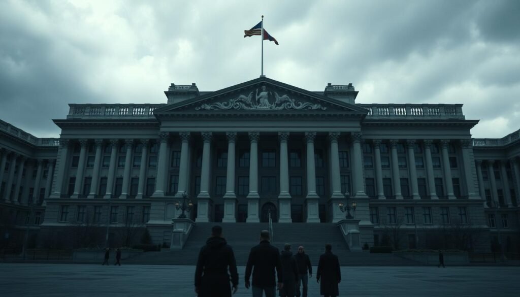 A vast, imposing government complex rises against a backdrop of a gloomy, overcast sky. The architecture is a blend of classical and modern elements, conveying a sense of tradition and authority. The building's façade is adorned with intricate carvings and grand columns, exuding an aura of power and prestige. In the foreground, a small group of individuals, their faces obscured, stand solemnly, suggesting an atmosphere of seriousness and sober contemplation. Diffused natural light casts dramatic shadows, creating a sense of mystery and unease. The scene evokes a sense of the unseen forces that shape the course of nations, hinting at the hidden machinations of lesser-known state actors who operate in the shadows, eclipsing the headlines.