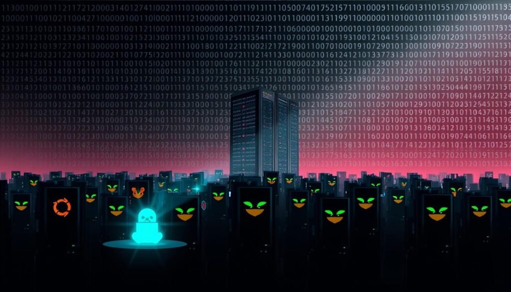 A vast landscape of Linux distributions, each a unique fortress against digital threats. In the foreground, a cluster of servers, their sleek silhouettes adorned with the emblems of various distros - Ubuntu, Fedora, Debian, and more. Rays of digital light pierce the shadows, illuminating the intricate security protocols that safeguard these systems. In the middle ground, a towering data center stands tall, its servers humming with the power of Linux-driven protection. The background fades into a matrix of binary code, a subtle nod to the underlying strength of the open-source operating system. The scene conveys a sense of security, resilience, and the unwavering commitment to safeguarding modern infrastructure.
