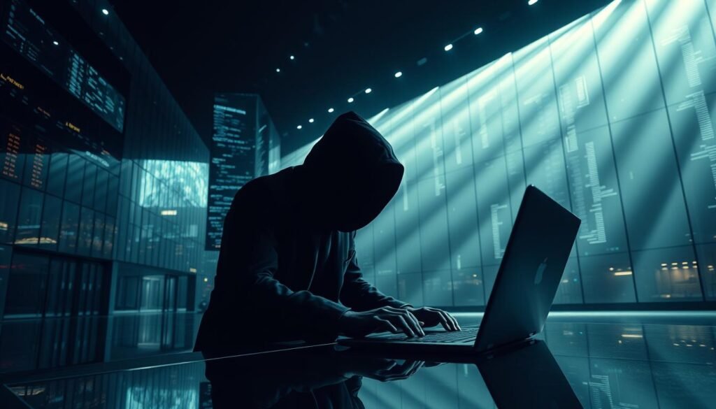 A vast, ominous corporate office looms, its polished facade reflecting the glow of digital screens. Within, a shadowy figure hunches over a keyboard, fingers darting across the keys as they craft a meticulously engineered email, a sinister invitation to financial ruin. The air is thick with the weight of impending disaster, a sense of unease permeating the sleek, sterile environment. Beams of directional lighting cast dramatic shadows, emphasizing the vulnerability of the unsuspecting recipient. This is the heart of business email compromise, a sophisticated social engineering threat that preys on the trust and complacency of the modern workplace, with the potential to bring even the mightiest corporations to their knees. A vast, ominous corporate office looms, its polished facade reflecting the glow of digital screens. Within, a shadowy figure hunches over a keyboard, fingers darting across the keys as they craft a meticulously engineered email, a sinister invitation to financial ruin. The air is thick with the weight of impending disaster, a sense of unease permeating the sleek, sterile environment. Beams of directional lighting cast dramatic shadows, emphasizing the vulnerability of the unsuspecting recipient. This is the heart of business email compromise, a sophisticated social engineering threat that preys on the trust and complacency of the modern workplace, with the potential to bring even the mightiest corporations to their knees.