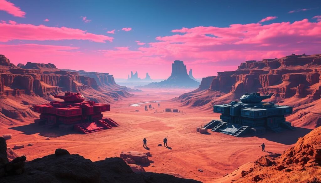 A vast, rugged canyon landscape, known as "Blood Gulch," stretches out under a vibrant, azure sky. In the foreground, two opposing military bases stand in stark contrast, their red and blue structures mirroring the conflict that has long raged within this desolate arena. The sun casts long shadows across the uneven terrain, creating a sense of depth and drama. In the distance, jagged rock formations rise up, their silhouettes casting a sense of isolation and strategic importance. The air is thick with tension, as if the very ground holds the echoes of countless battles fought between the two factions. This is the stage for a historical review of famous Red vs. Blue engagements, a testament to the enduring spirit of rivalry and the relentless pursuit of victory.