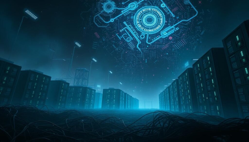 A vast, shadowy digital landscape with towering data centers and network infrastructure. In the foreground, a tangle of cables and circuits, hinting at the complex web of security measures protecting critical systems. Overhead, a swirling storm of code and information, with flashes of light representing the constant battle against cyber threats. The scene is bathed in a cool, eerie glow, conveying a sense of vulnerability and the high stakes involved in maintaining web security. The composition creates a sense of depth and scale, emphasizing the gravity of the subject and the need for vigilance in the face of ever-evolving digital threats.