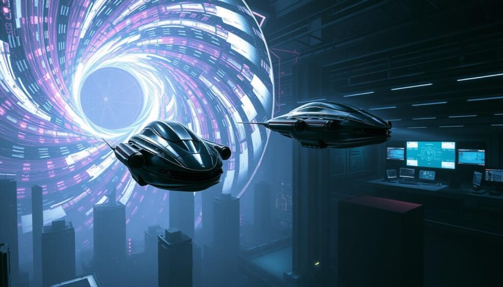 A vast, shimmering portal dominates the foreground, its swirling energies casting a kaleidoscopic glow across a futuristic cityscape. In the middle ground, sleek, chrome-plated time machines hover, their pilots locked in intense, strategic deliberation. The background features a dimly lit, high-tech research facility, its array of monitors and holographic displays hinting at the complex, time-bending experiments unfolding within. Muted, metallic tones and a sense of ominous anticipation pervade the scene, capturing the weight and consequence of experiments with the very fabric of reality.
