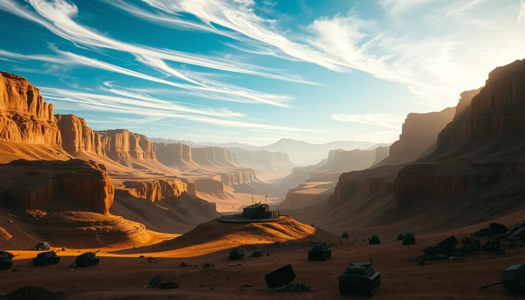 A vast, sun-drenched canyon stretches out before the viewer, its rugged cliffs and rolling hills casting long shadows across the dusty landscape. In the foreground, a small outpost nestled between two rocky outcroppings stands as a testament to the ongoing battle between the opposing forces. The scene is bathed in a warm, golden light, creating a sense of drama and tension, as if the calm before the storm. Scattered debris and abandoned military equipment litter the ground, hinting at the skirmishes that have taken place here. The sky above is a brilliant blue, with wispy clouds drifting lazily across the horizon, adding to the tranquil yet uneasy atmosphere. This is the Blood Gulch, the stage for a timeless conflict between the Red and Blue teams, where the stakes may be high, but the laughter is even higher.