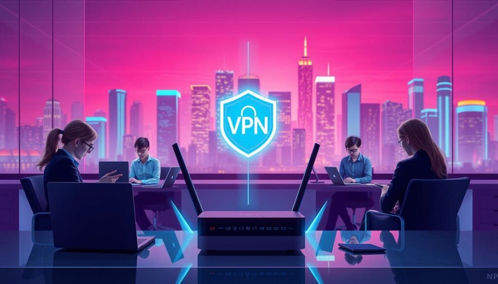 A vibrant and dynamic digital illustration showcasing the importance of VPN protection for employees in a modern business setting. In the foreground, a team of office workers diligently using their laptops, tablets, and smartphones, securely connected to a virtual private network. The middle ground features a sleek, futuristic VPN router emitting a soft, blue glow, symbolizing the secure connection. In the background, a city skyline with towering skyscrapers, suggesting a bustling, technology-driven business environment. The lighting is crisp and natural, with a subtle depth of field effect to focus the viewer's attention on the central elements. The overall mood is one of productivity, security, and the seamless integration of VPN technology into the daily workflows of a thriving company.