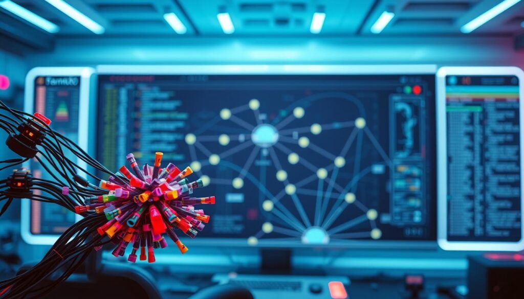 A vibrant display of network packets captured by a protocol analyzer, showcasing intricate data flows across digital landscapes. In the foreground, a cluster of colorful packets hover, their diverse structures and protocols visible. In the middle ground, a network diagram unfolds, illustrating the interconnected pathways of data transmission. The background features a sleek, futuristic control panel, bathed in cool, monochromatic tones, conveying the precision and power of Wireshark's network monitoring capabilities. Soft, directional lighting highlights the technical details, while a sense of depth and perspective draws the viewer into the heart of network analysis. A vibrant display of network packets captured by a protocol analyzer, showcasing intricate data flows across digital landscapes. In the foreground, a cluster of colorful packets hover, their diverse structures and protocols visible. In the middle ground, a network diagram unfolds, illustrating the interconnected pathways of data transmission. The background features a sleek, futuristic control panel, bathed in cool, monochromatic tones, conveying the precision and power of Wireshark's network monitoring capabilities. Soft, directional lighting highlights the technical details, while a sense of depth and perspective draws the viewer into the heart of network analysis.