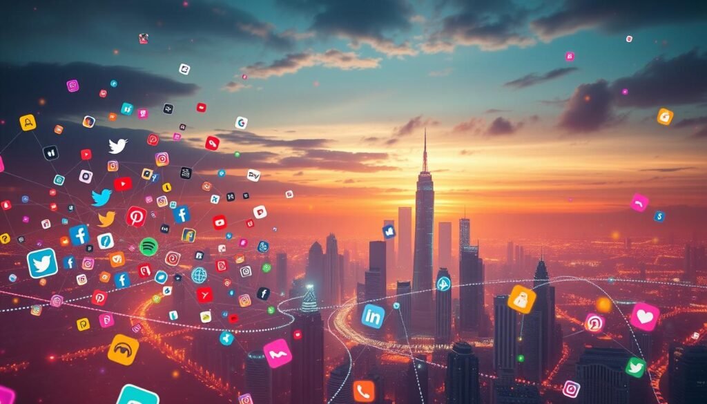 A vibrant, hyperconnected landscape of social media platforms, where digital icons and symbols float in a dreamlike haze. In the foreground, a kaleidoscope of app logos and UI elements cascade, hinting at the addictive nature of these free digital services. The middle ground features a futuristic cityscape, its skyscrapers and infrastructure intertwined with a complex web of data streams and digital networks. In the background, a deep, ethereal sky sets the tone, casting a soft, warm glow over the entire scene, conveying a sense of both wonder and unease about the hidden costs of this "free" digital world. Lit by a cinematic, directional light, the image evokes a visually striking, almost painterly quality.