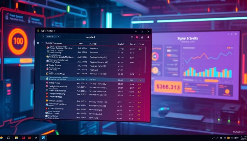 A vibrant, modern computer desktop filled with a diverse array of software extensions installed, symbolizing the ongoing protection and continuous monitoring of systems. In the foreground, a sleek, high-resolution window displaying a comprehensive list of installed extensions, their details, and security status, all illuminated by a warm, diffuse lighting. The middle ground features a dynamic dashboard with real-time monitoring and alerts, while the background showcases a clean, minimalist interface with subtle gradient patterns, conveying a sense of professionalism and technological advancement. The overall atmosphere evokes a well-organized, proactive approach to maintaining the security and integrity of the system.