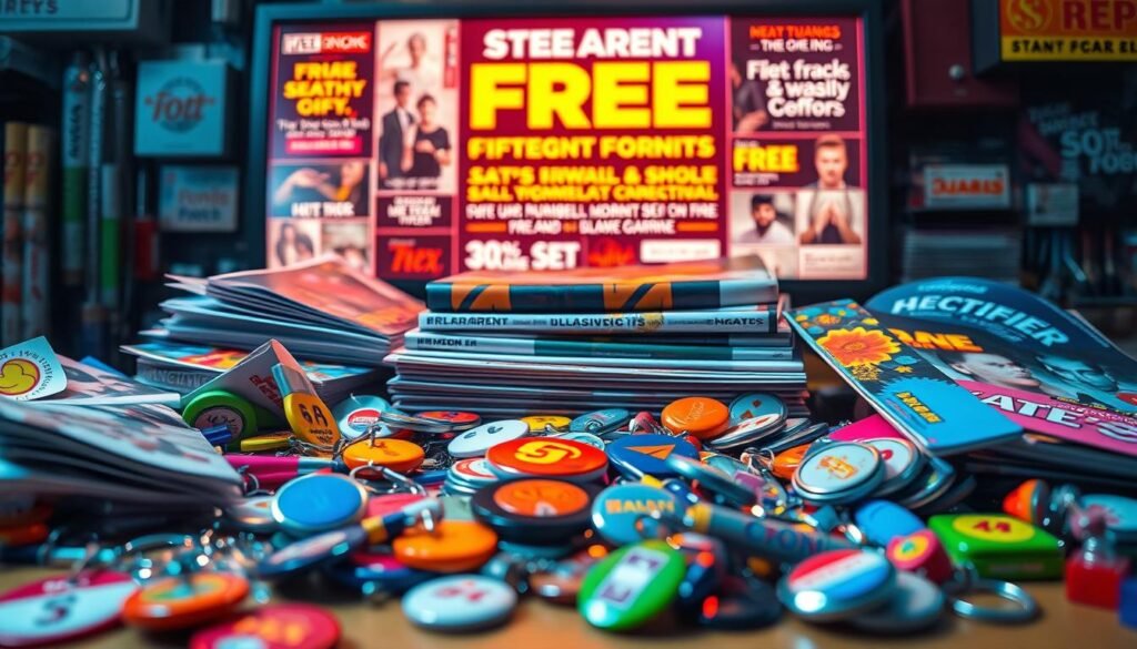 A vibrant still-life scene featuring an assortment of colorful, eye-catching freebies. In the foreground, an array of promotional items - keychains, pens, stickers, and buttons - are scattered haphazardly, exuding a sense of abundance and temptation. The middle ground showcases a stack of glossy magazines, their covers emblazoned with bold headlines and images, enticing the viewer to engage. In the background, a digital display showcases a rotating carousel of attention-grabbing offers, discounts, and rewards, all designed to capture the viewer's interest and encourage deeper immersion. The lighting is warm and inviting, creating a sense of allure and irresistibility. The overall composition conveys the seductive power of "free" incentives and the subtle ways in which they can influence our behavior and decision-making. A vibrant still-life scene featuring an assortment of colorful, eye-catching freebies. In the foreground, an array of promotional items - keychains, pens, stickers, and buttons - are scattered haphazardly, exuding a sense of abundance and temptation. The middle ground showcases a stack of glossy magazines, their covers emblazoned with bold headlines and images, enticing the viewer to engage. In the background, a digital display showcases a rotating carousel of attention-grabbing offers, discounts, and rewards, all designed to capture the viewer's interest and encourage deeper immersion. The lighting is warm and inviting, creating a sense of allure and irresistibility. The overall composition conveys the seductive power of "free" incentives and the subtle ways in which they can influence our behavior and decision-making.