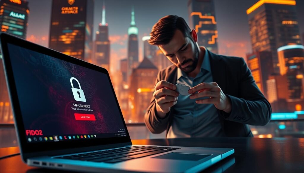 A visually compelling illustration of MFA passkeys and FIDO2 authentication for small business IT admins. In the foreground, a sleek laptop displays a secure login screen with a FIDO2 security key. In the middle ground, a professional admin examines the passkey, studying its streamlined design. The background features a cityscape of small businesses, illuminated by warm, ambient lighting that evokes a sense of security and reliability. The overall scene conveys a practical, budget-minded defense against web attacks that is both technically advanced and user-friendly. A visually compelling illustration of MFA passkeys and FIDO2 authentication for small business IT admins. In the foreground, a sleek laptop displays a secure login screen with a FIDO2 security key. In the middle ground, a professional admin examines the passkey, studying its streamlined design. The background features a cityscape of small businesses, illuminated by warm, ambient lighting that evokes a sense of security and reliability. The overall scene conveys a practical, budget-minded defense against web attacks that is both technically advanced and user-friendly.