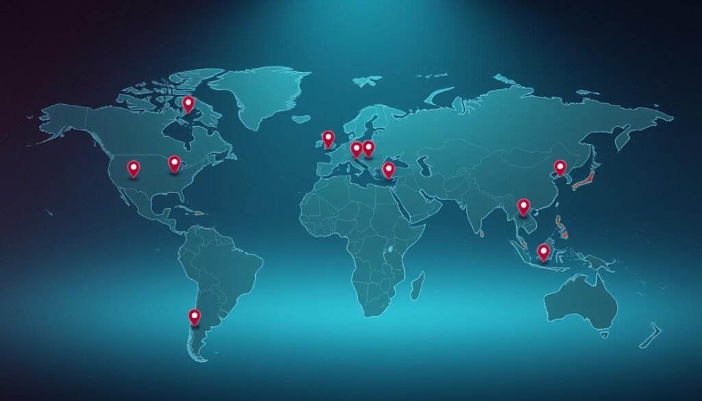 A well-designed visualization of global VPN provider locations, featuring a clean and professional aesthetic. The image should depict a world map with prominent markers or icons representing the various VPN server locations, conveying a sense of the widespread availability and coverage of the service. The markers should be presented in a consistent and visually appealing manner, with a subtle color scheme that complements the overall tone. The map should be rendered with a high level of detail, showcasing major landmasses and bodies of water, but without overpowering the primary focus on the VPN locations. The lighting should be subtle, creating a sense of depth and three-dimensionality, while maintaining a clean and modern look. The camera angle should be positioned to provide a comprehensive overview of the global VPN network, striking a balance between clarity and aesthetics.