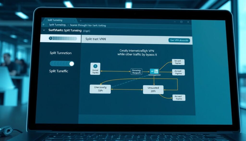 A well-lit, close-up illustration of Surfshark's split tunneling feature, showcasing a laptop screen with a VPN connection diagram. The foreground depicts the split tunneling toggle and options, with clear visual cues explaining how certain internet traffic is routed through the VPN while other traffic bypasses it. The middle ground features a detailed visualization of the data flows, with secure and unsecured paths represented by distinct visual styles. The background subtly suggests a modern, minimalist office or workspace setting, providing context and enhancing the technical, informative tone. The overall composition should convey a sense of clarity, functionality, and Surfshark's commitment to advanced VPN features. A well-lit, close-up illustration of Surfshark's split tunneling feature, showcasing a laptop screen with a VPN connection diagram. The foreground depicts the split tunneling toggle and options, with clear visual cues explaining how certain internet traffic is routed through the VPN while other traffic bypasses it. The middle ground features a detailed visualization of the data flows, with secure and unsecured paths represented by distinct visual styles. The background subtly suggests a modern, minimalist office or workspace setting, providing context and enhancing the technical, informative tone. The overall composition should convey a sense of clarity, functionality, and Surfshark's commitment to advanced VPN features.