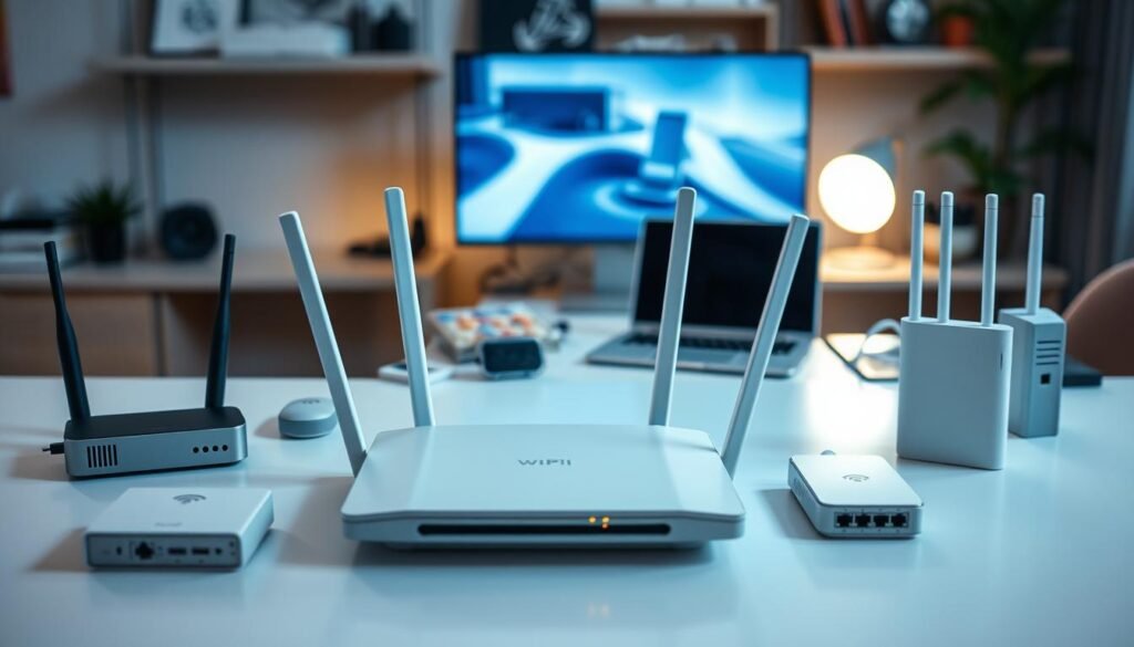 A well-lit, close-up view of various wireless networking devices arranged on a sleek, minimalist desk. In the foreground, a modern Wi-Fi router with clean lines and indicator lights, surrounded by smaller peripheral devices like a wireless access point, network switch, and signal extender. The middle ground features a laptop and smartphone, both connected to the network, while the background showcases a tidy workspace with a monitor and other office supplies. The overall aesthetic is crisp, streamlined, and conveys a sense of technical proficiency and control over the home network.