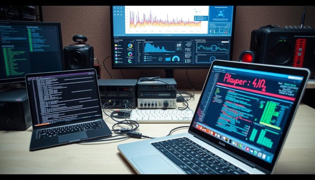 A well-lit desktop workspace with an array of cybersecurity detection tools meticulously arranged. In the foreground, a sleek laptop displays a complex forensic analysis, its screen reflecting the intense focus of the investigator. The middle ground features a variety of hardware devices, including a network analyzer, a malware sandbox, and a digital forensics toolkit, all connected by a web of cables. In the background, a large monitor displays a real-time threat detection dashboard, its graphs and visualizations pulsing with data. The atmosphere is one of professional dedication, with the tools seamlessly integrated to uncover the hidden trails of a skilled hacker. A well-lit desktop workspace with an array of cybersecurity detection tools meticulously arranged. In the foreground, a sleek laptop displays a complex forensic analysis, its screen reflecting the intense focus of the investigator. The middle ground features a variety of hardware devices, including a network analyzer, a malware sandbox, and a digital forensics toolkit, all connected by a web of cables. In the background, a large monitor displays a real-time threat detection dashboard, its graphs and visualizations pulsing with data. The atmosphere is one of professional dedication, with the tools seamlessly integrated to uncover the hidden trails of a skilled hacker.